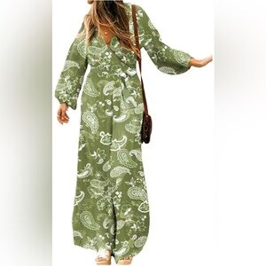 Women's Floral Print Deep V Neck Romper Long Sleeve Green Paisley W/belt Medium